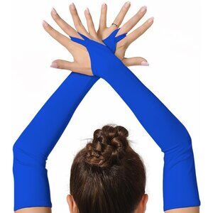 Women's Royal Blue Finger Loop Fingerless Elbow Length Long Satin Gloves Cosplay